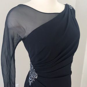 Val Stefani Dark Blue Sheer Sleeve Gown